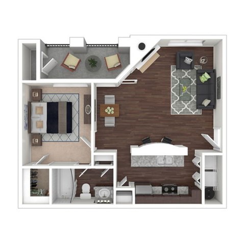 A 3D floor plan of a small apartment with a kitchen, living room, and bedroom.